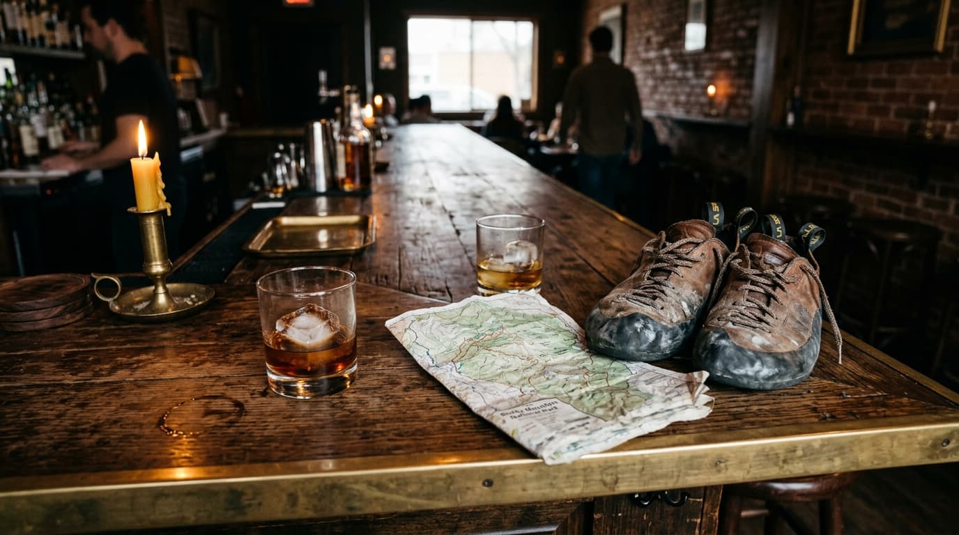 An overhead flat-lay of a wooden bar top in a LoHi lounge. Two half-empty rocks glasses sit next to a crumpled trail map a...