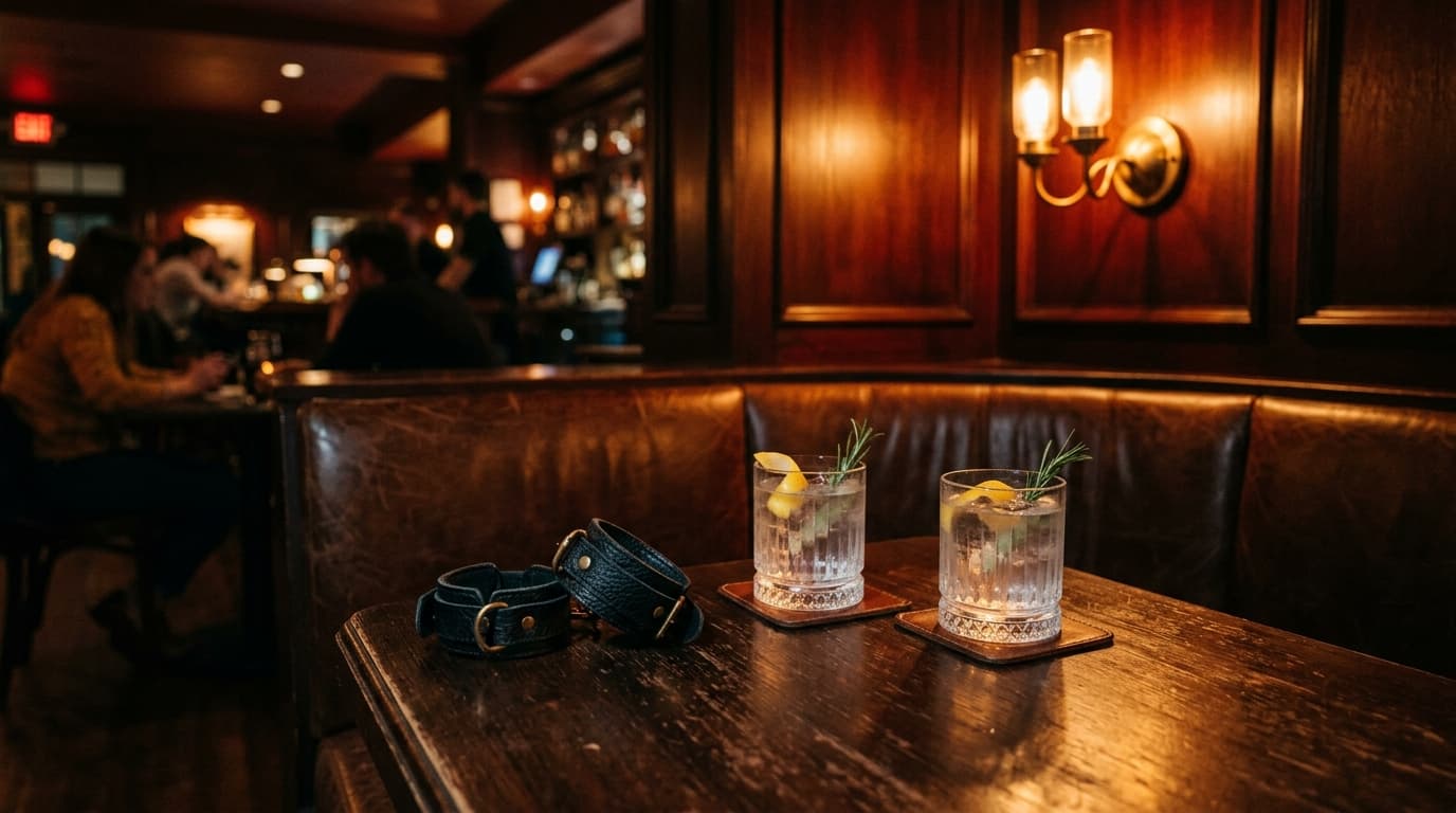An 85mm wide shot shows a dark, intimate booth at The Thin Man. A pair of black leather cuffs rests beside two half-poured...