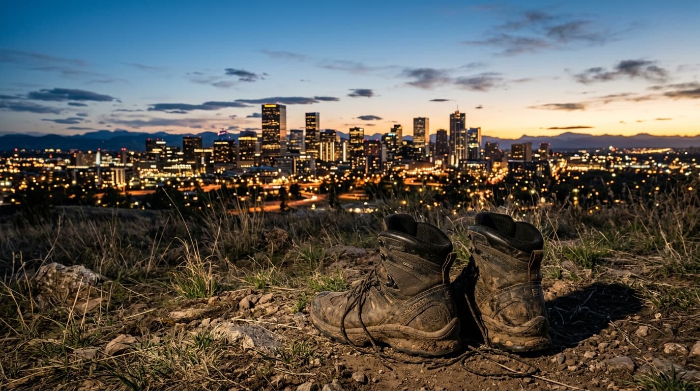 A wide 50mm shot of the Denver skyline at dusk features the glowing city grid. A weathered, mud-caked pair of high-end hik...