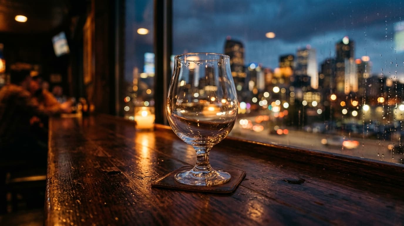 A candle-lit, tight macro shot of a single empty craft beer glass on a polished wooden bar, reflecting the glowing, blurre...