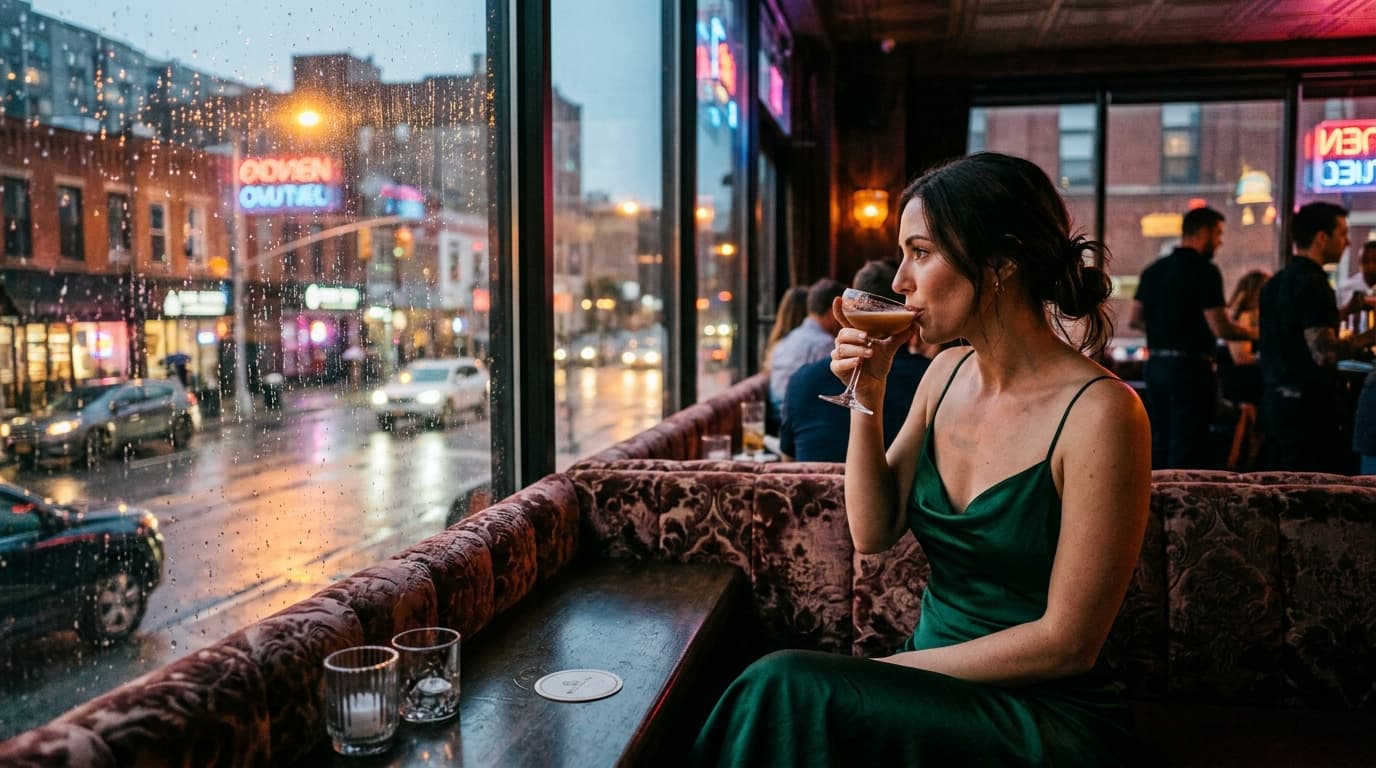 A candid, wide-angle shot from a dimly lit velvet booth inside a moody lounge. A woman in a silk slip dress sips a cocktai...