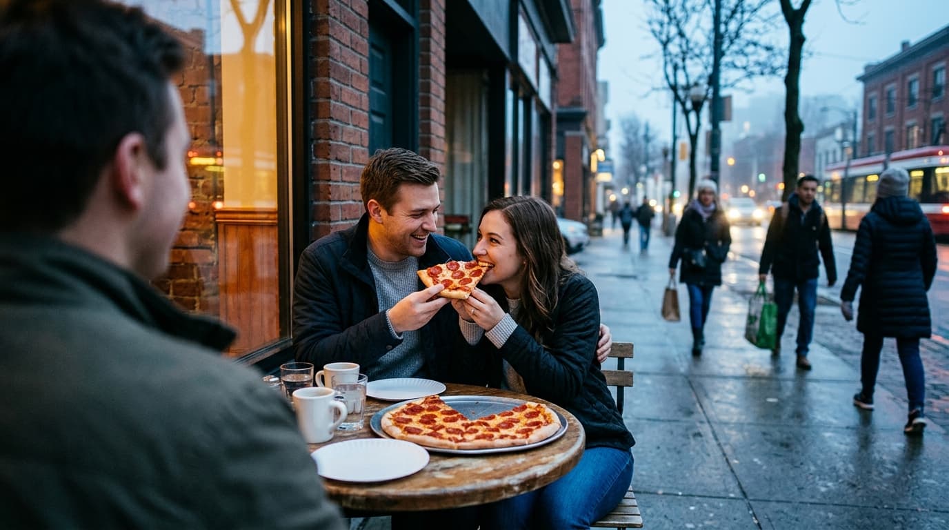 Over-the-shoulder view, tilt-shift focus on a couple sharing a pepperoni slice at a sidewalk table outside Supino, blue ho...