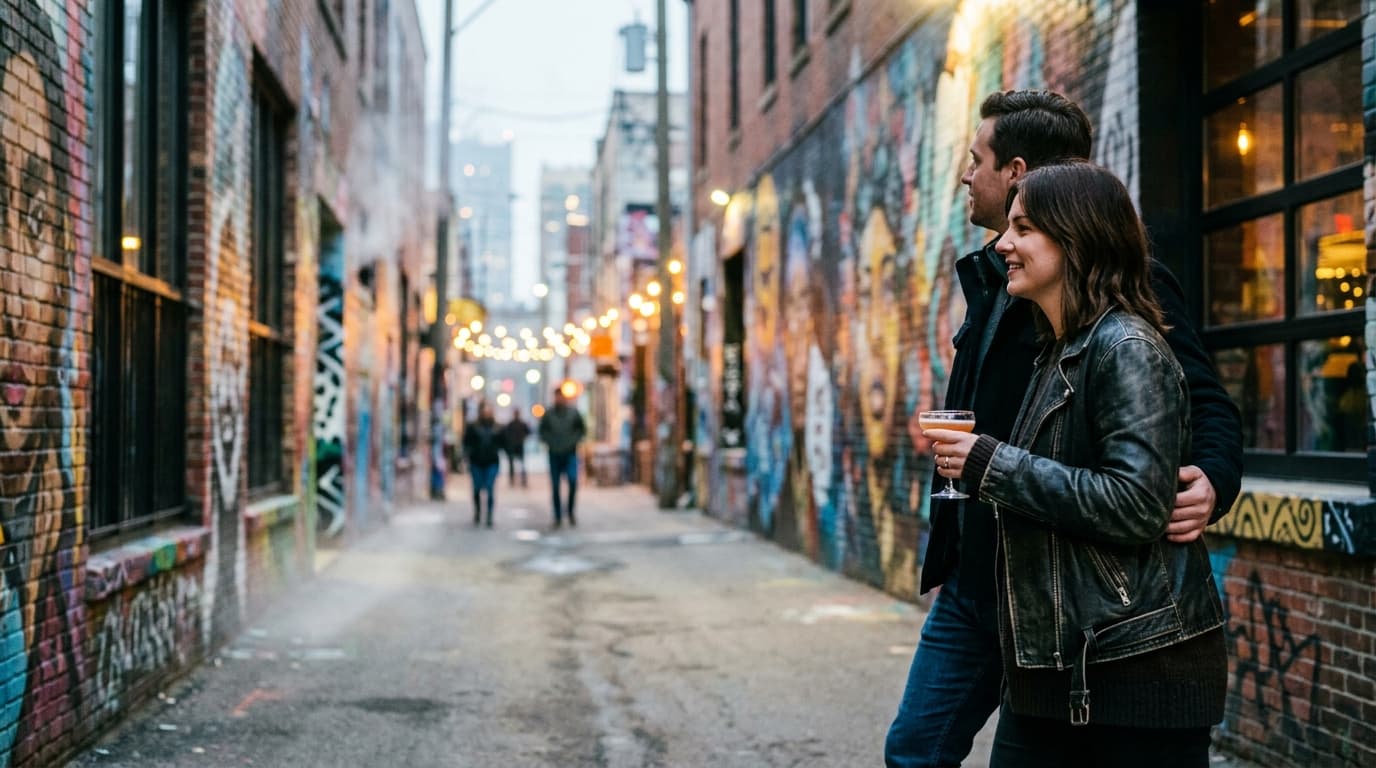 A couple walks through The Belt alleyway at dusk, vibrant murals blurring behind them. A woman in a leather jacket holds a...
