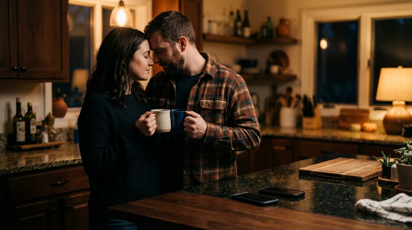 A couple stands in a dimly lit kitchen, foreheads touching as they clasp mugs of coffee. Their smartphones sit abandoned a...