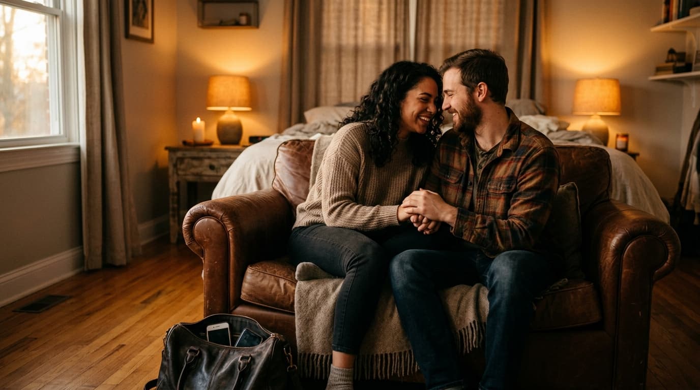 A couple sits closely on a plush armchair, focused entirely on each other, as two smartphones remain zipped inside a leath...