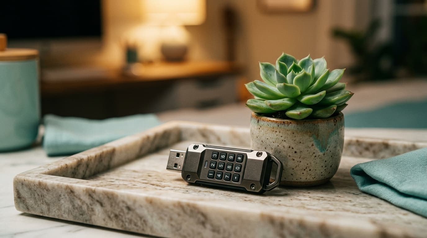 A secure, hardware-encrypted USB flash drive sits on a clean marble tray next to a small, thriving succulent. Warm tungste...
