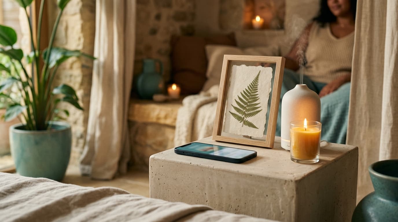 A sleek, modern smartphone resting on a minimalist ceramic pedestal. Beside it, a single pressed fern and a lit aromathera...