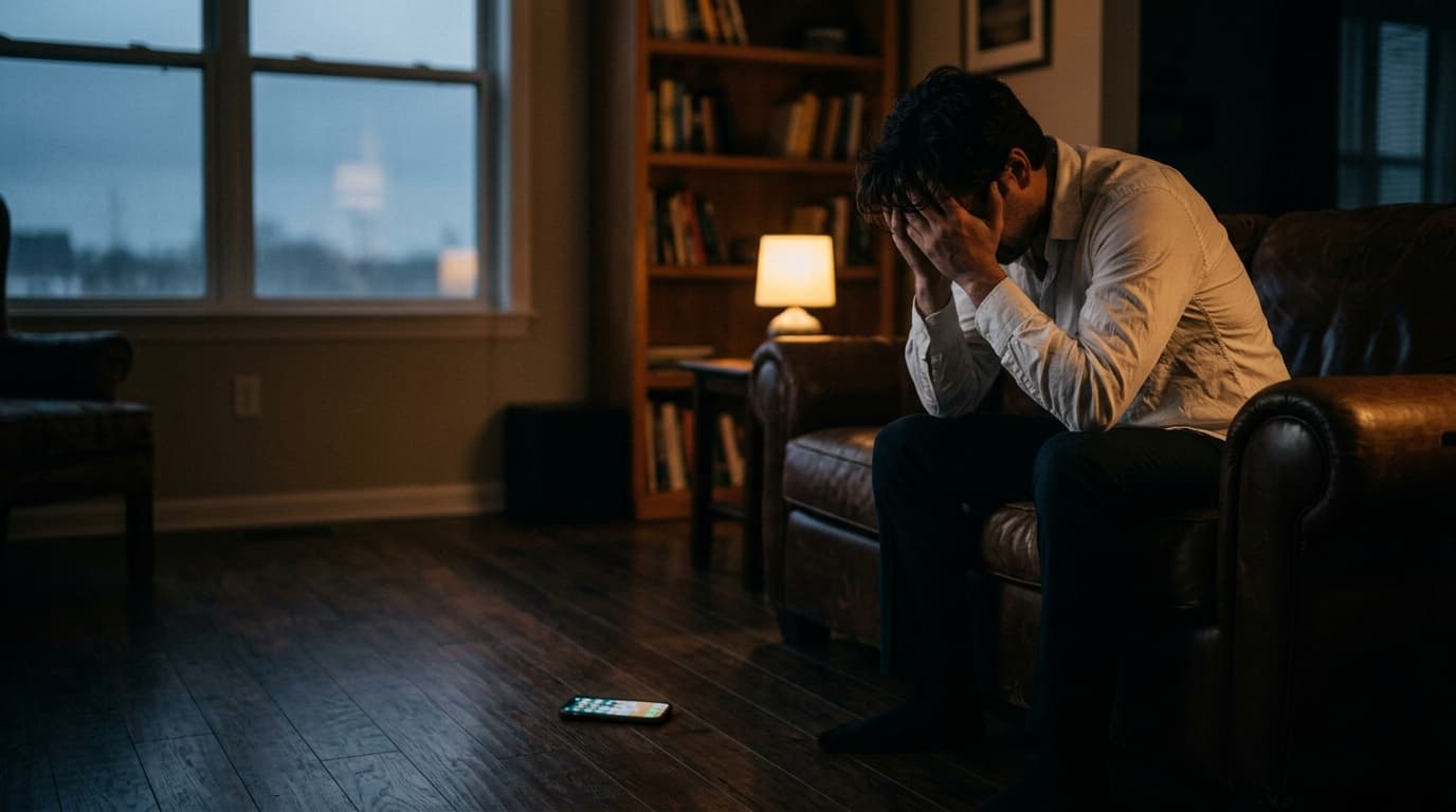 A man in a wrinkled white button-down sits on the far right of a leather armchair, head buried in his hands. A glowing sma...