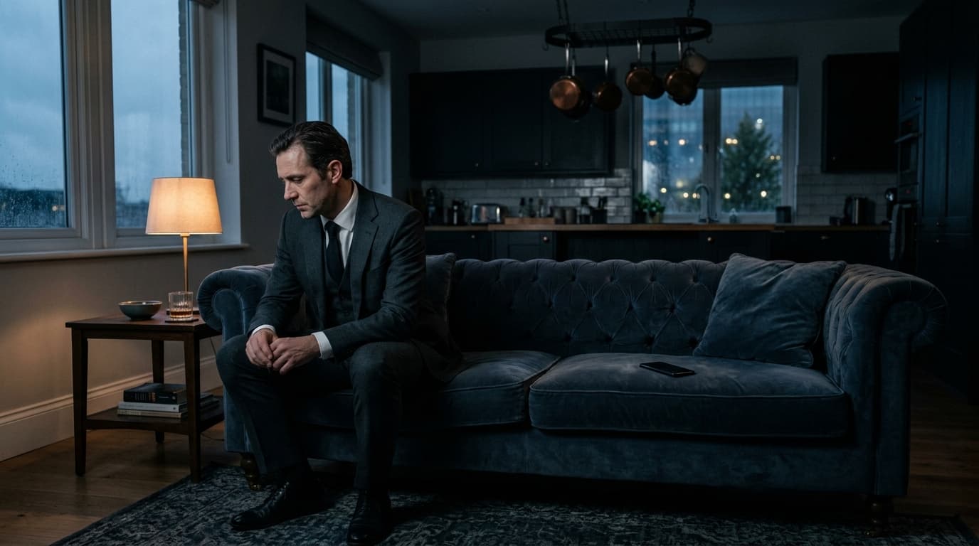 A man in a tailored charcoal suit sits on the far left of a velvet sofa, facing a dark kitchen. An unlit smartphone lies a...