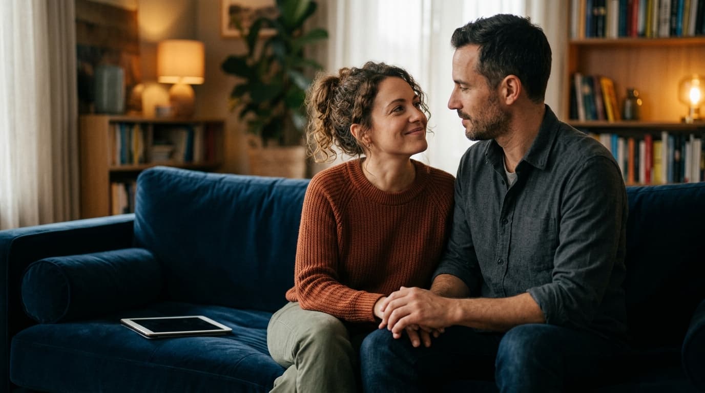 Low-angle hero shot of a couple sitting on a velvet couch, turning away from a discarded tablet to lock eyes. Warm ambient...