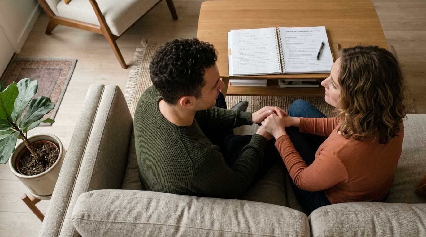 Overhead 35mm shot, overcast morning. A couple sits on a linen couch, a notebook and medical referral form between them. T...