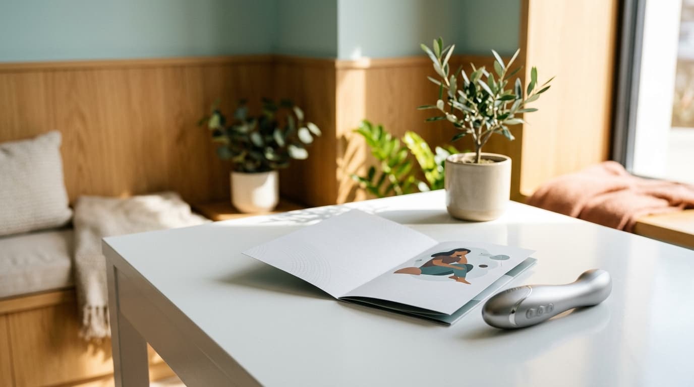 A high-angle close-up of a sleek, white clinical table in bright noon light. An open, digital health privacy pamphlet rest...