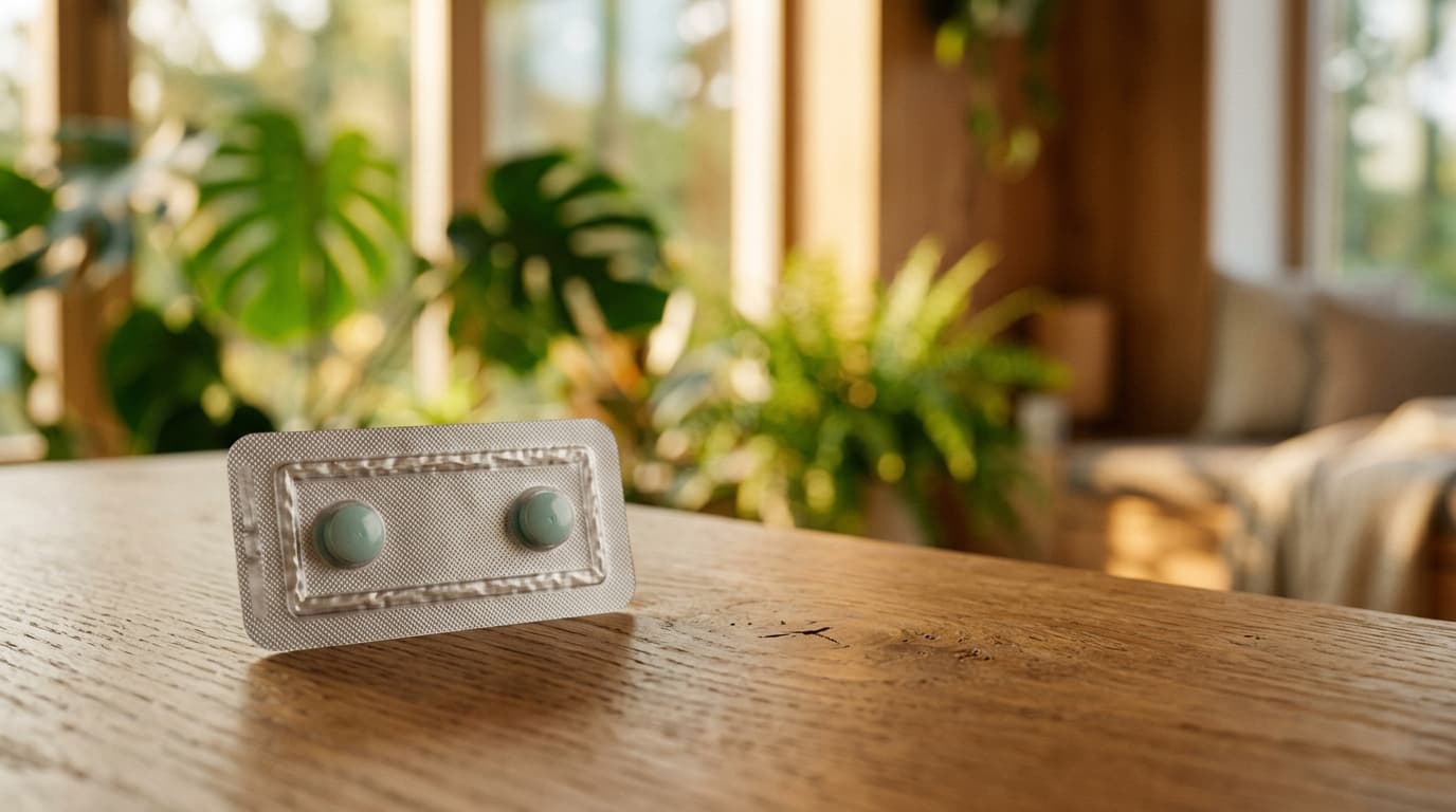 Extreme macro of a sealed post-exposure prophylaxis medication blister pack resting on a minimalist oak surface, bathed in...