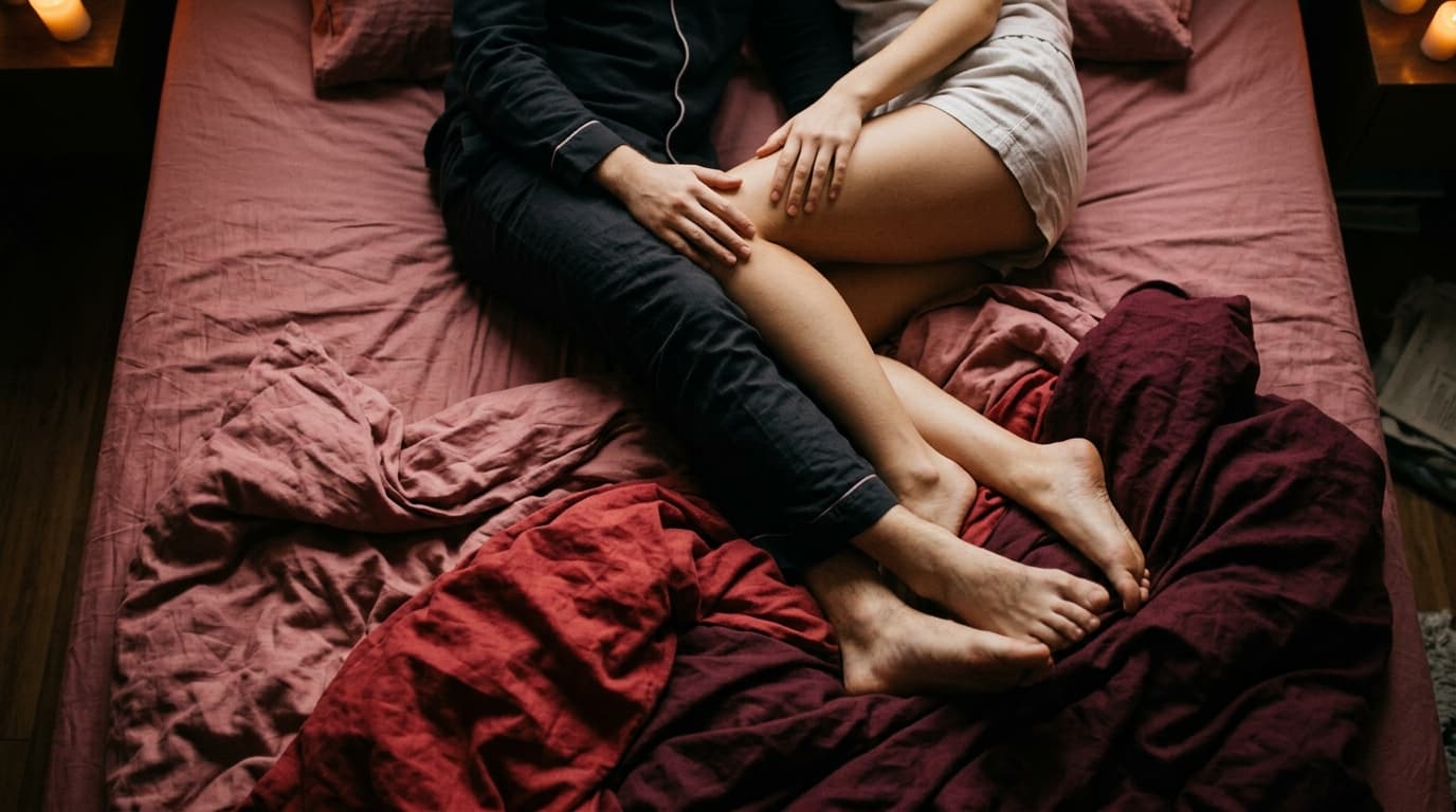 A 35mm documentary shot, overhead flat-lay. A couple, cropped from the chest down, reclines on unmade linens. Their hands...
