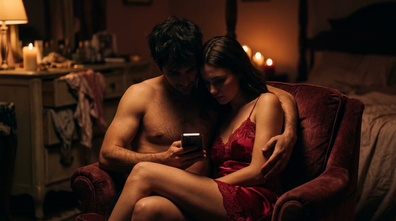A shirtless man and a woman in a silk slip sit on a velvet armchair, faces obscured by shadows, as they share a single, en...