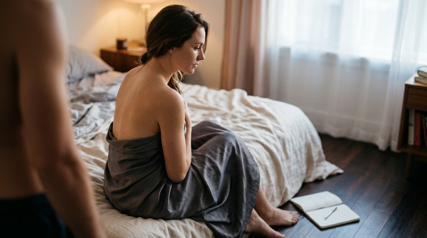 A woman sits on the edge of a bed, half-wrapped in a charcoal silk sheet. Beside her, a discarded notebook and a silver pe...