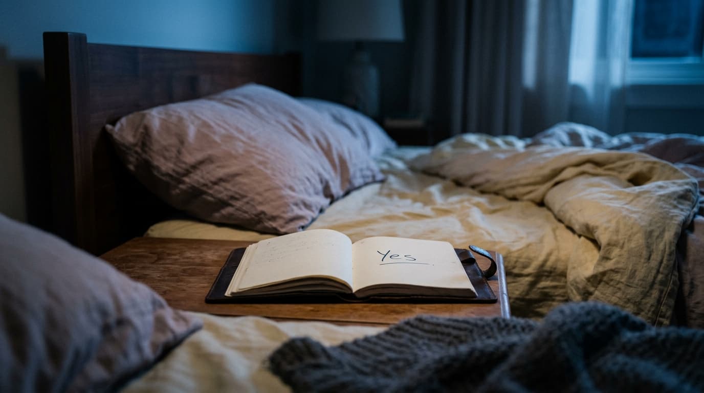 A low-angle shot centered on a nightstand holding an open leather notebook with "Yes" scribbled in ink. A single unmade pi...