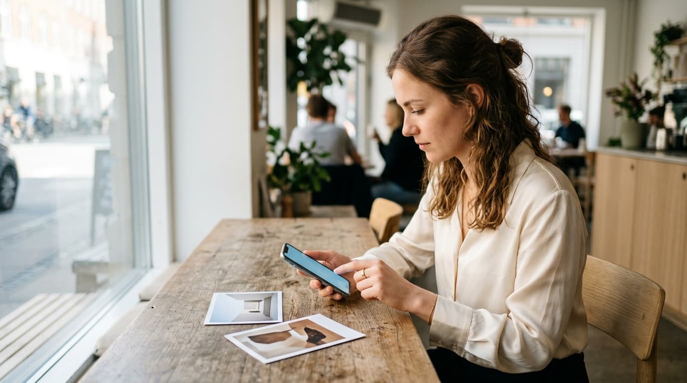 A woman in a cream silk blouse sits at a sun-drenched cafe table, thoughtfully tapping a slider on her phone screen while...