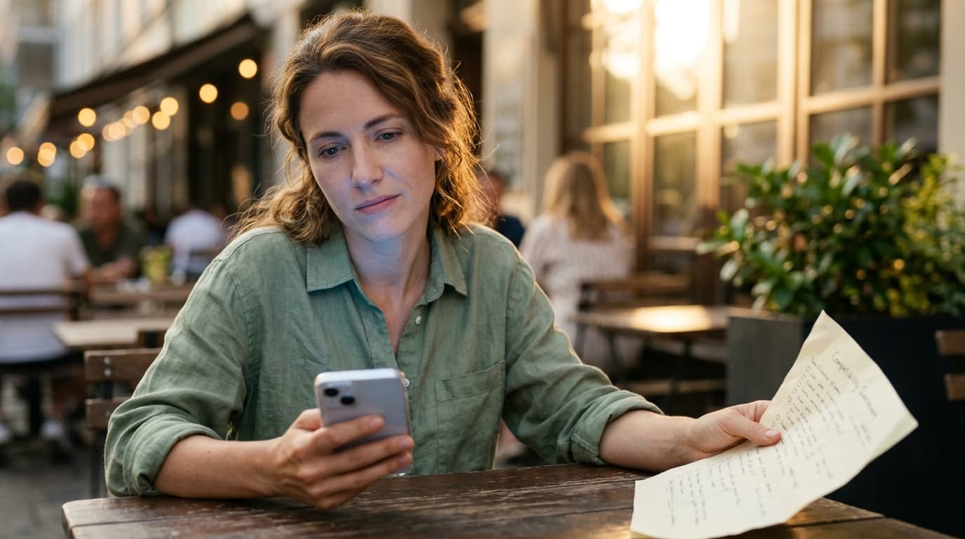 An 85mm portrait captures a woman in a sage green linen shirt, looking skeptically at her phone while sitting at a rustic...