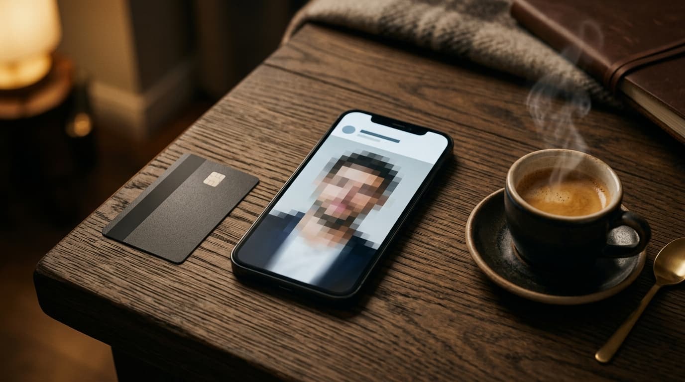 A sleek smartphone rests face-up on a dark oak desk, displaying a profile screen with a heavily pixelated, blurred-out fac...