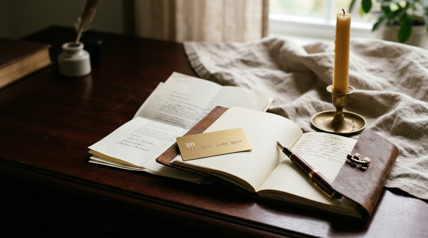 A leather-bound journal sits open on a dark mahogany desk, beside a fountain pen and a single, unlit taper candle. A gold...