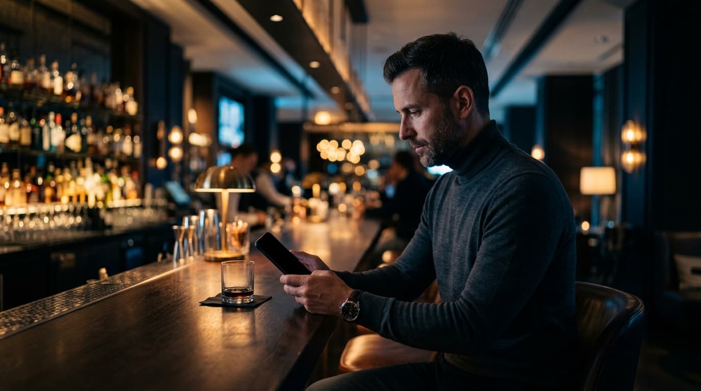 A man in his 40s sits alone at a dimly lit, upscale hotel bar. He wears a charcoal turtleneck, holding a phone with a blan...