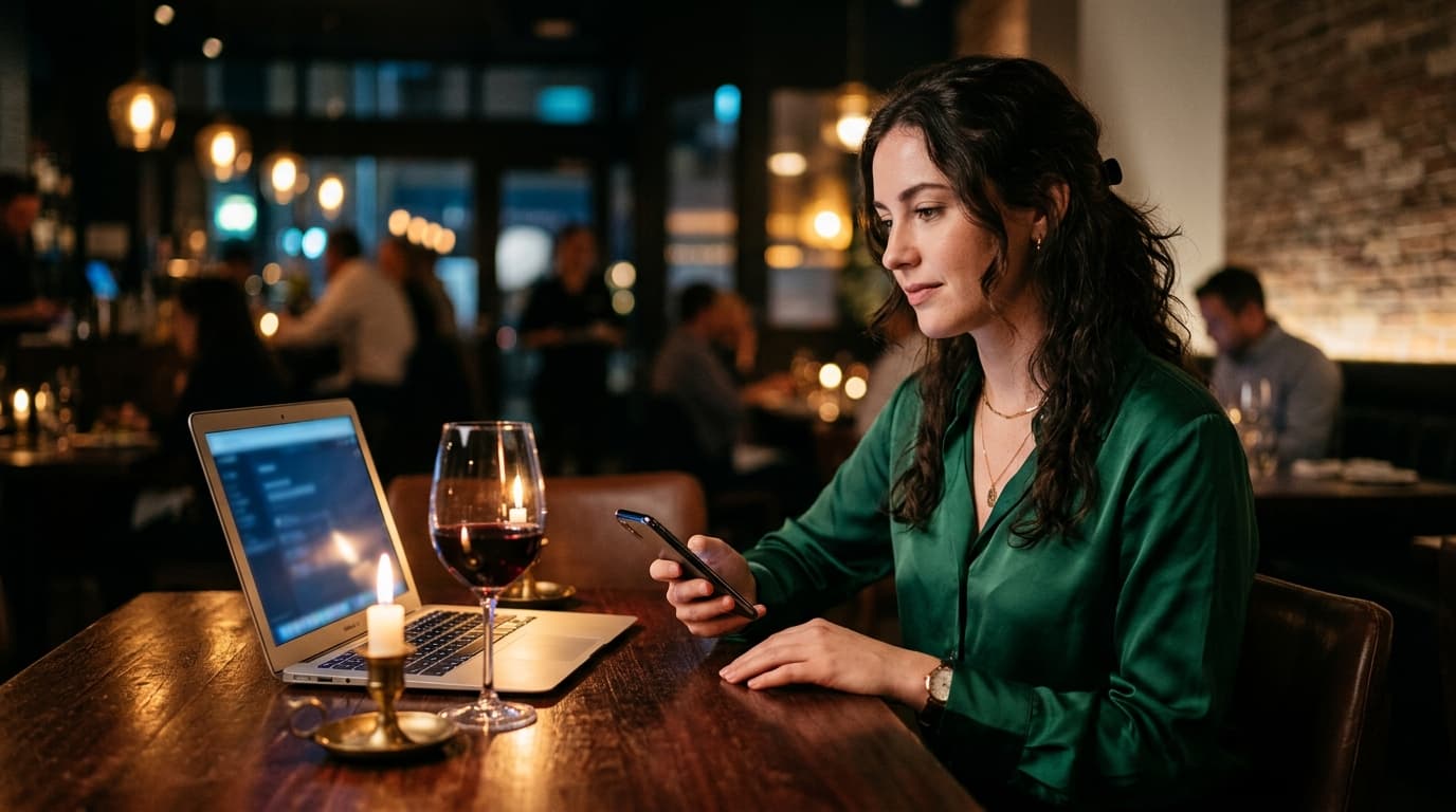 A woman in a silk blouse sits at a dimly lit mahogany table, a laptop open beside her glass of wine. She pauses, phone in...