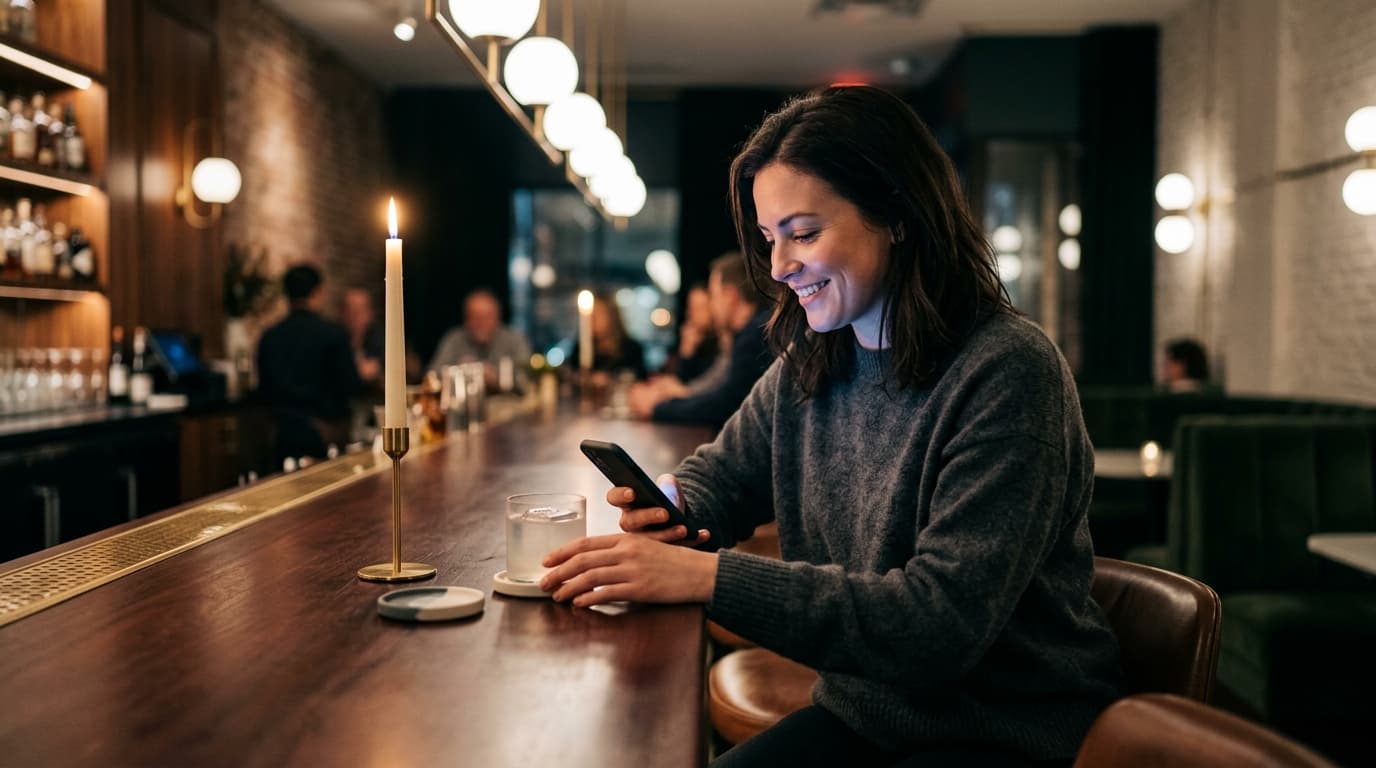 A woman in a charcoal cashmere sweater sits at a dimly lit mahogany bar, smiling softly at her smartphone. A single lit ta...