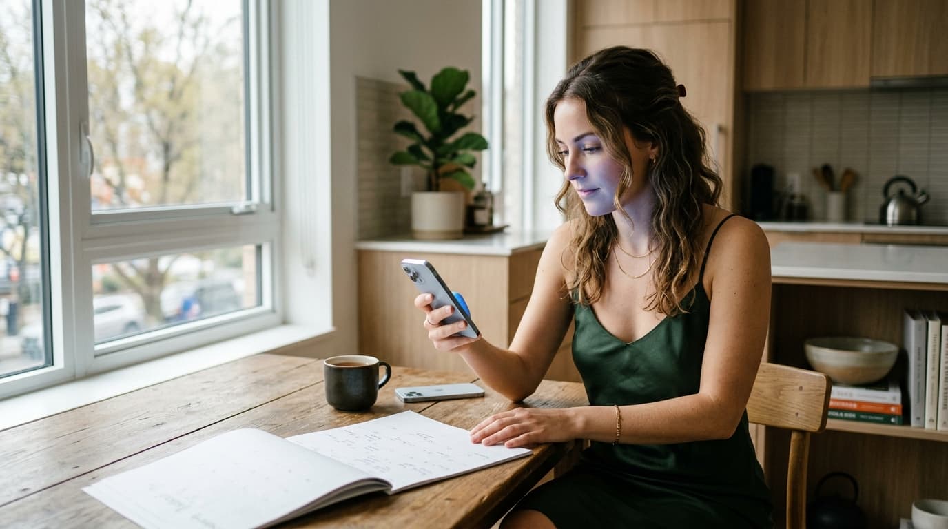 A woman in a silk slip dress sits at a wooden kitchen table, looking patient. She holds a smartphone in one hand, gazing a...