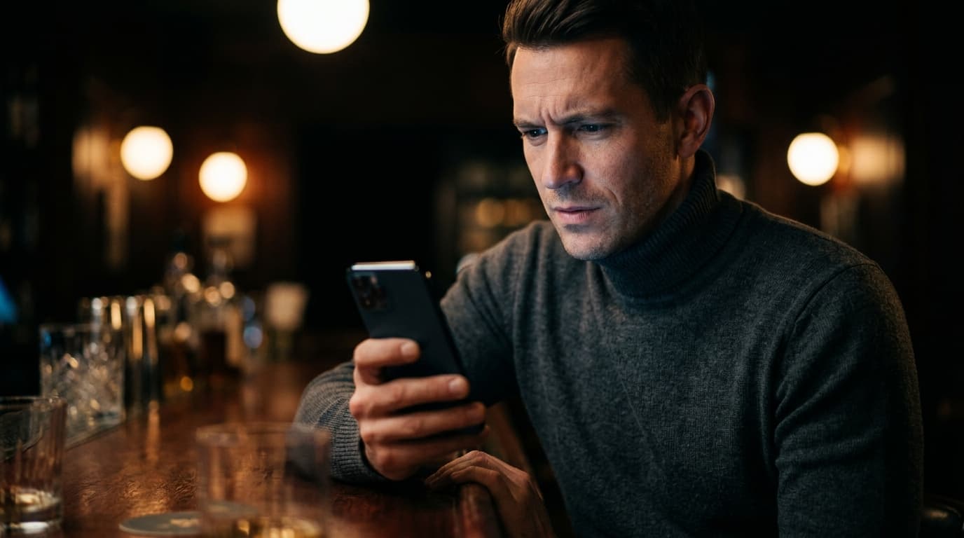 A man in a charcoal turtleneck sits alone at a dimly lit mahogany bar, gazing with a skeptical expression at a sleek smart...