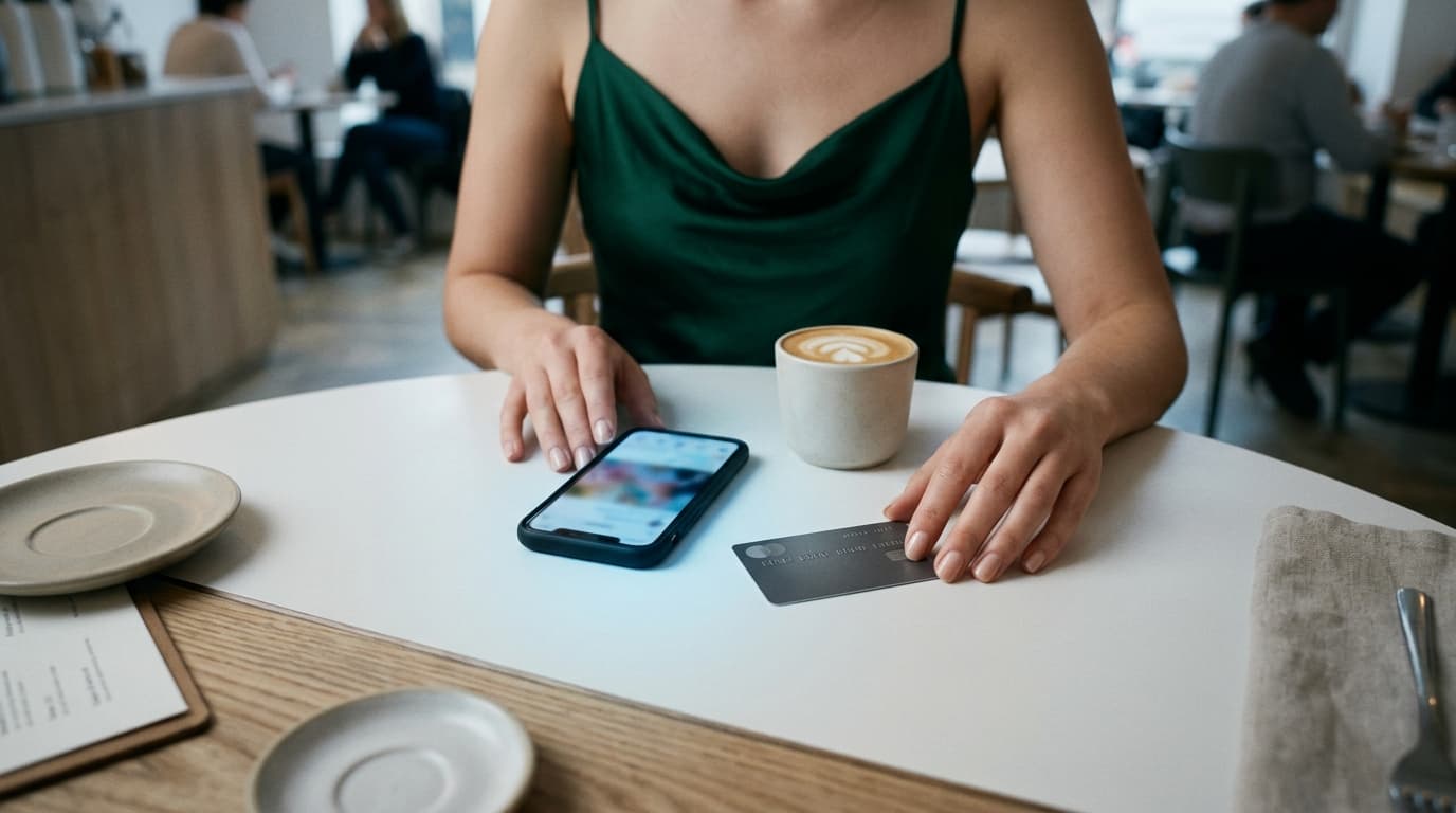 A woman in a silk slip dress sits at a cafe table during an overcast morning. Overhead flat-lay reveals a premium credit c...
