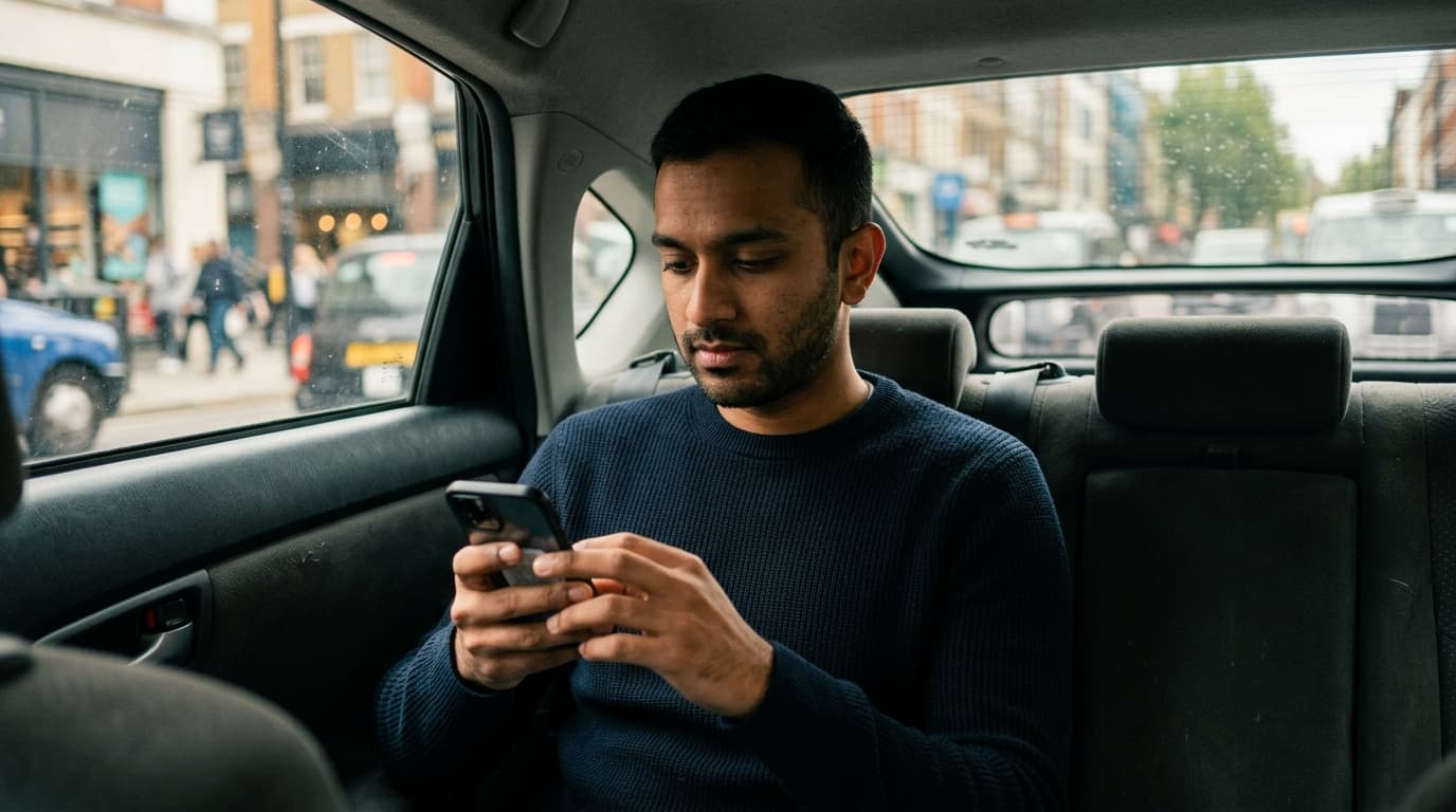 A man in a navy sweater sits in a quiet rideshare, intently typing on his phone. Natural light spills through the window o...