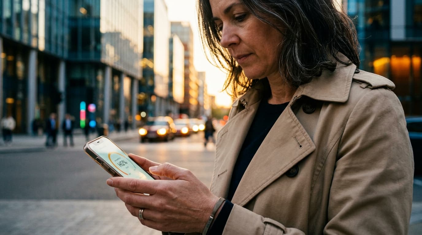Extreme 100mm macro shot of a woman in her 40s wearing a beige trench coat, holding a phone displaying a rigid compatibili...