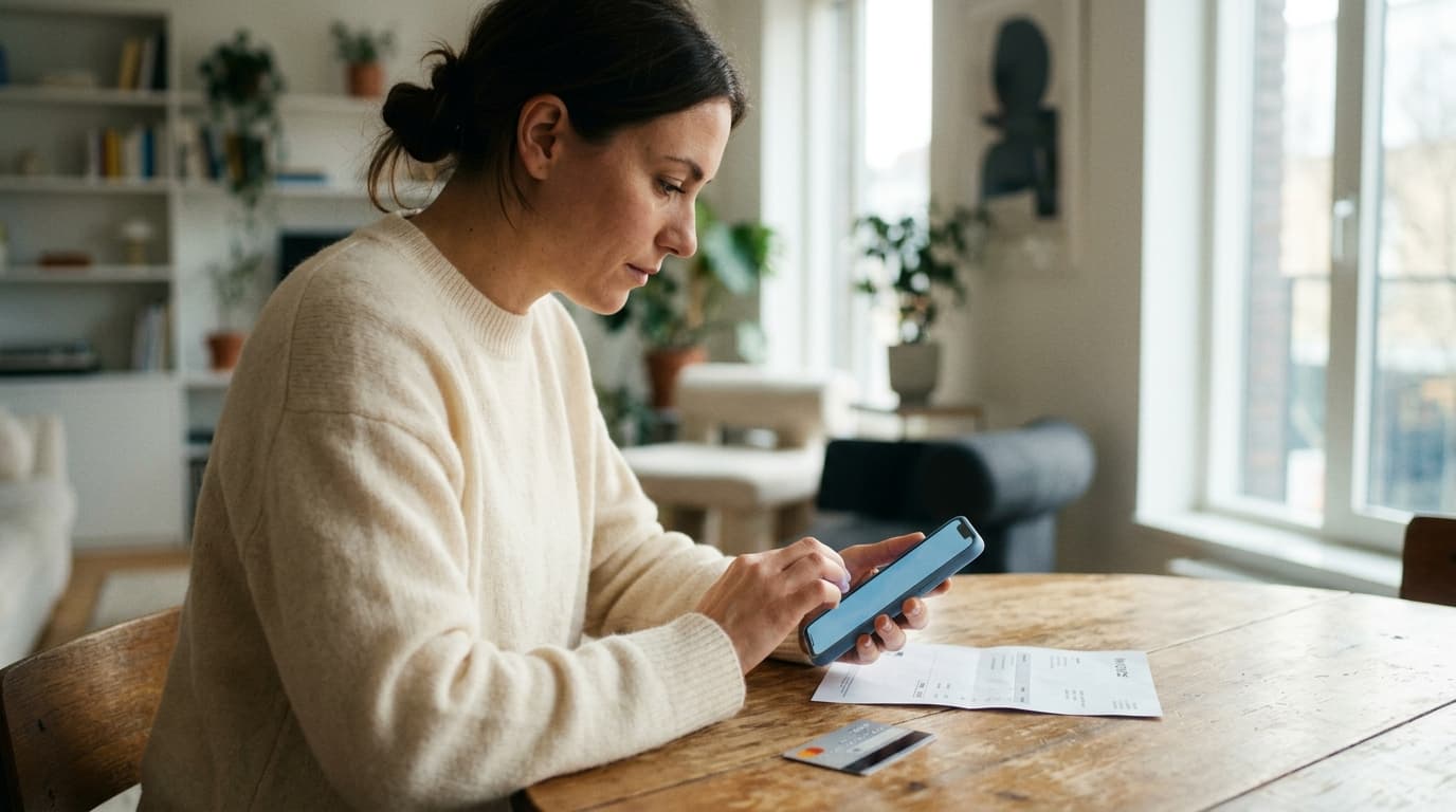A woman in a cream cashmere sweater sits at a sunny wooden table, checking her phone. A physical invoice and a credit card...