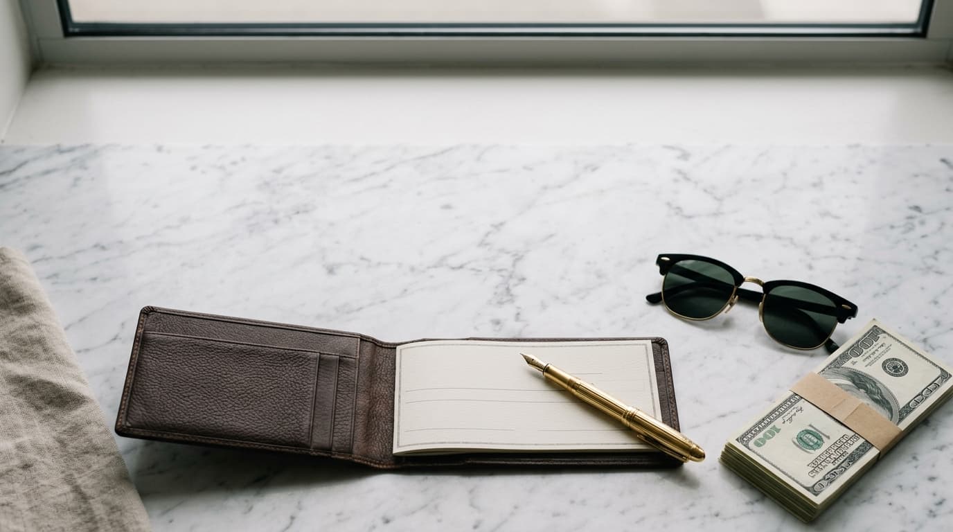An open leather checkbook sits on a marble countertop next to a gold fountain pen, a pair of expensive sunglasses, and a s...