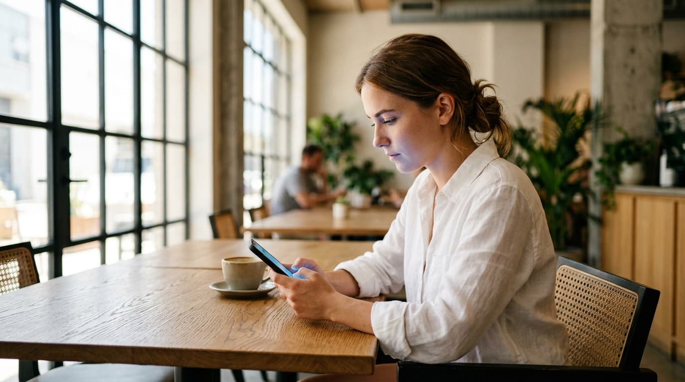 A woman sits at a minimalist wooden table, intently focused on her smartphone screen. She wears a crisp white linen shirt,...