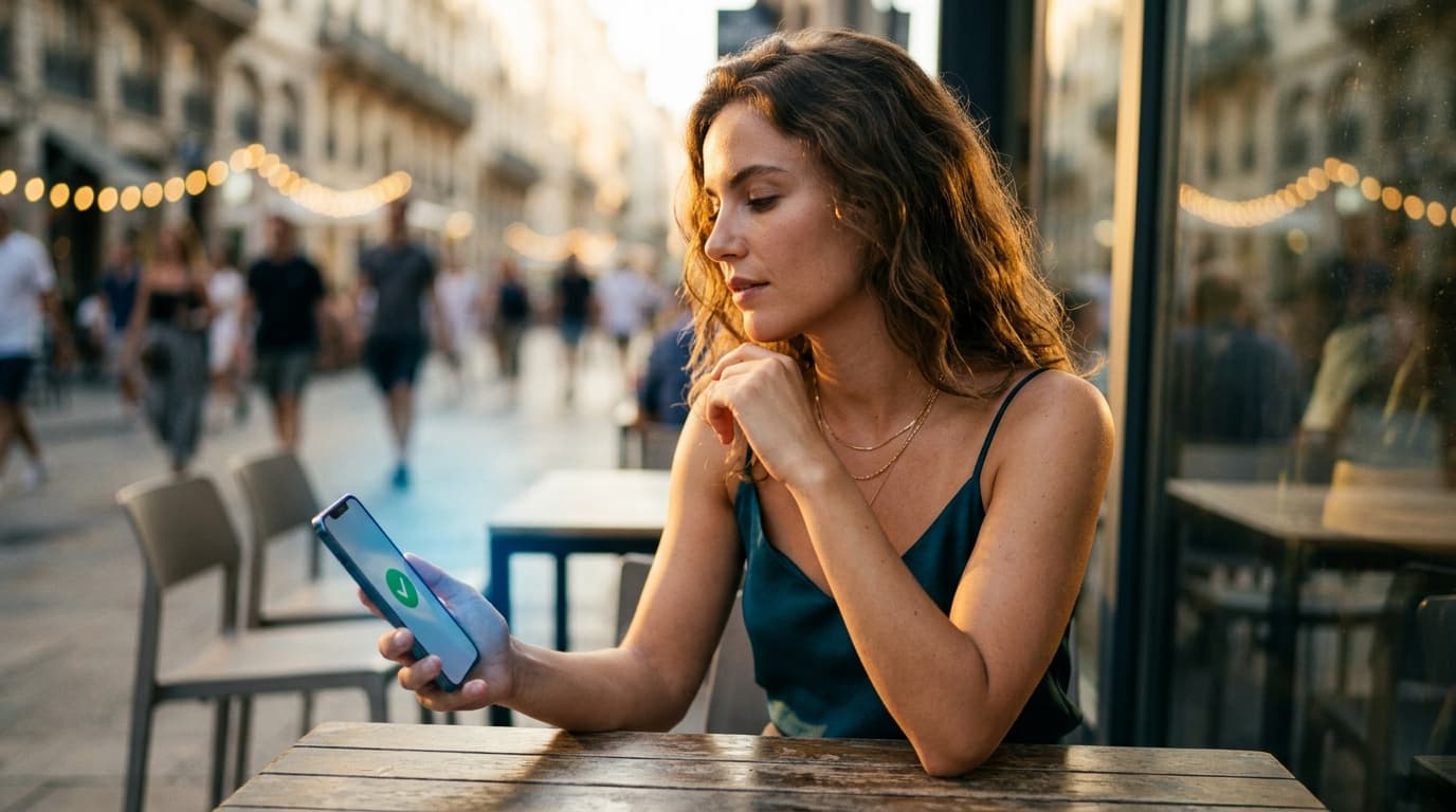 A woman in a silk camisole sits at a café, holding a phone displaying a verified green checkmark. Golden light hits her fa...