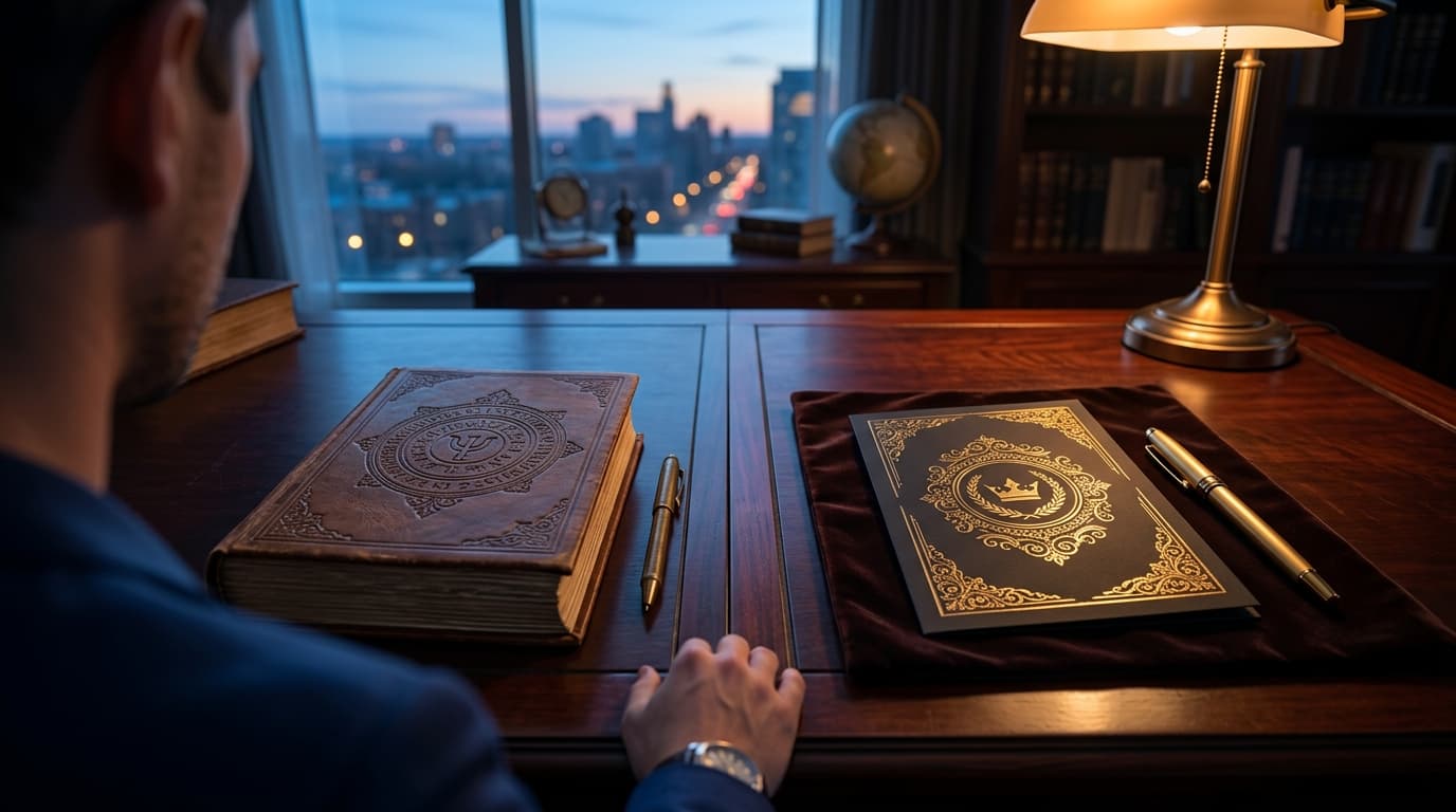 A thick, leather-bound psychology questionnaire sits beside a sleek, gold-engraved VIP membership invitation. The items re...