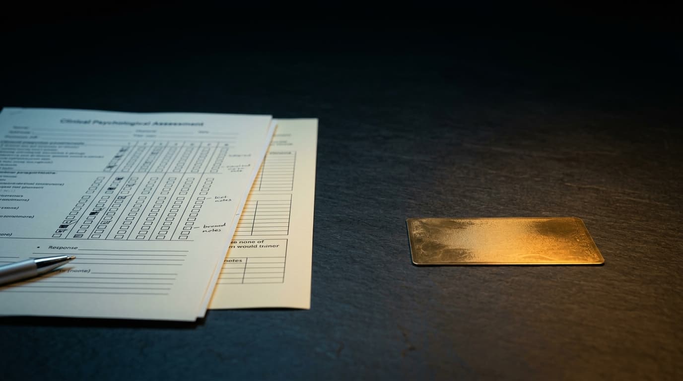 A clinical psychological assessment questionnaire lies beside a polished LinkedIn gold-plated business card on a dark surf...