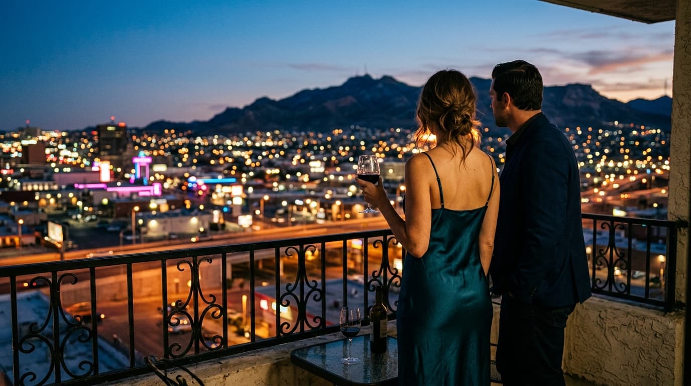 A couple stands on a West Side balcony at blue hour, overlooking the glowing Franklin Mountains. The woman in a silk slip...