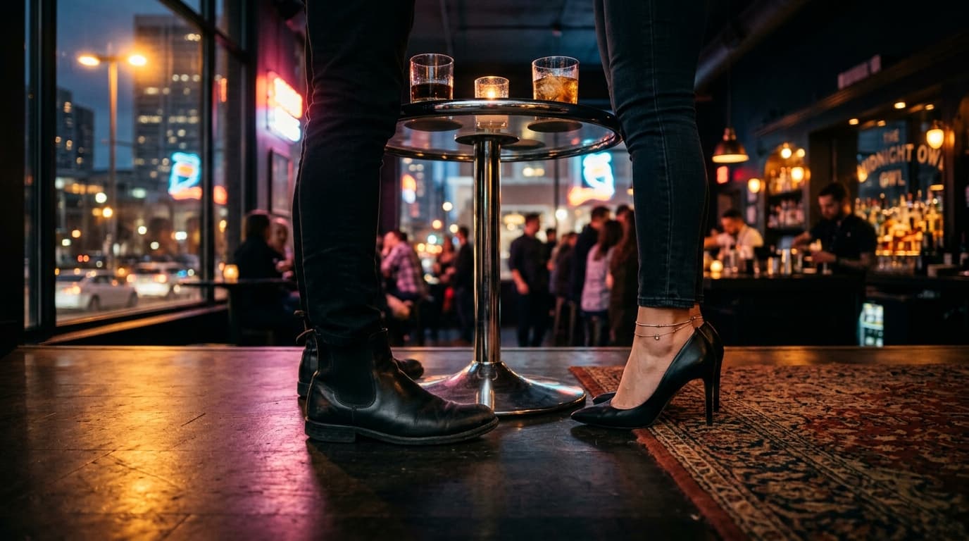 A low-angle, wide-angle shot from the floor of a sleek downtown bar, centered on a pair of leather boots and stiletto heel...