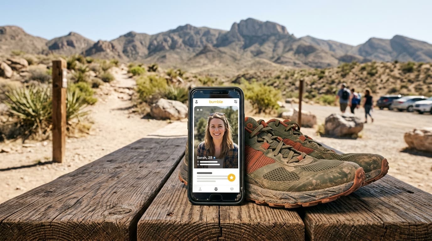 A 24mm wide-angle shot, centered symmetrically. A smartphone displaying a Bumble profile sits on a weathered wooden table...
