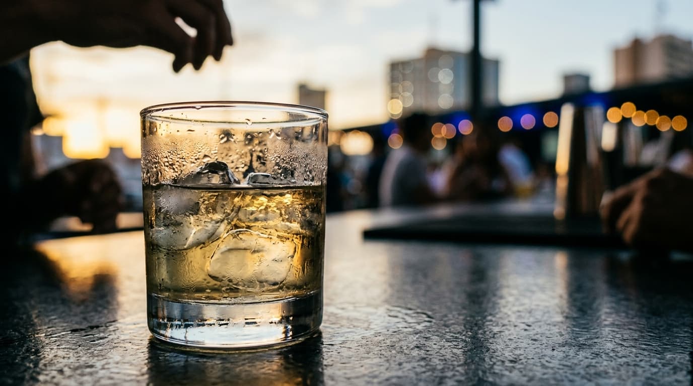 Extreme close-up macro, 50mm natural perspective. A chilled, condensation-slicked rocks glass of mezcal sits on a dark, po...