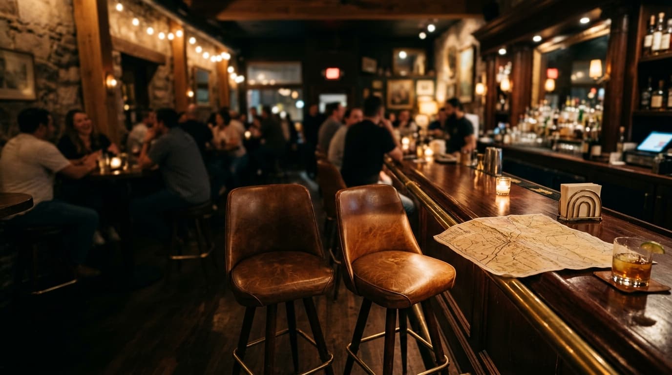 A wide-angle, tilt-shift shot of a downtown El Paso bar interior at night. Two empty leather stools face a polished counte...