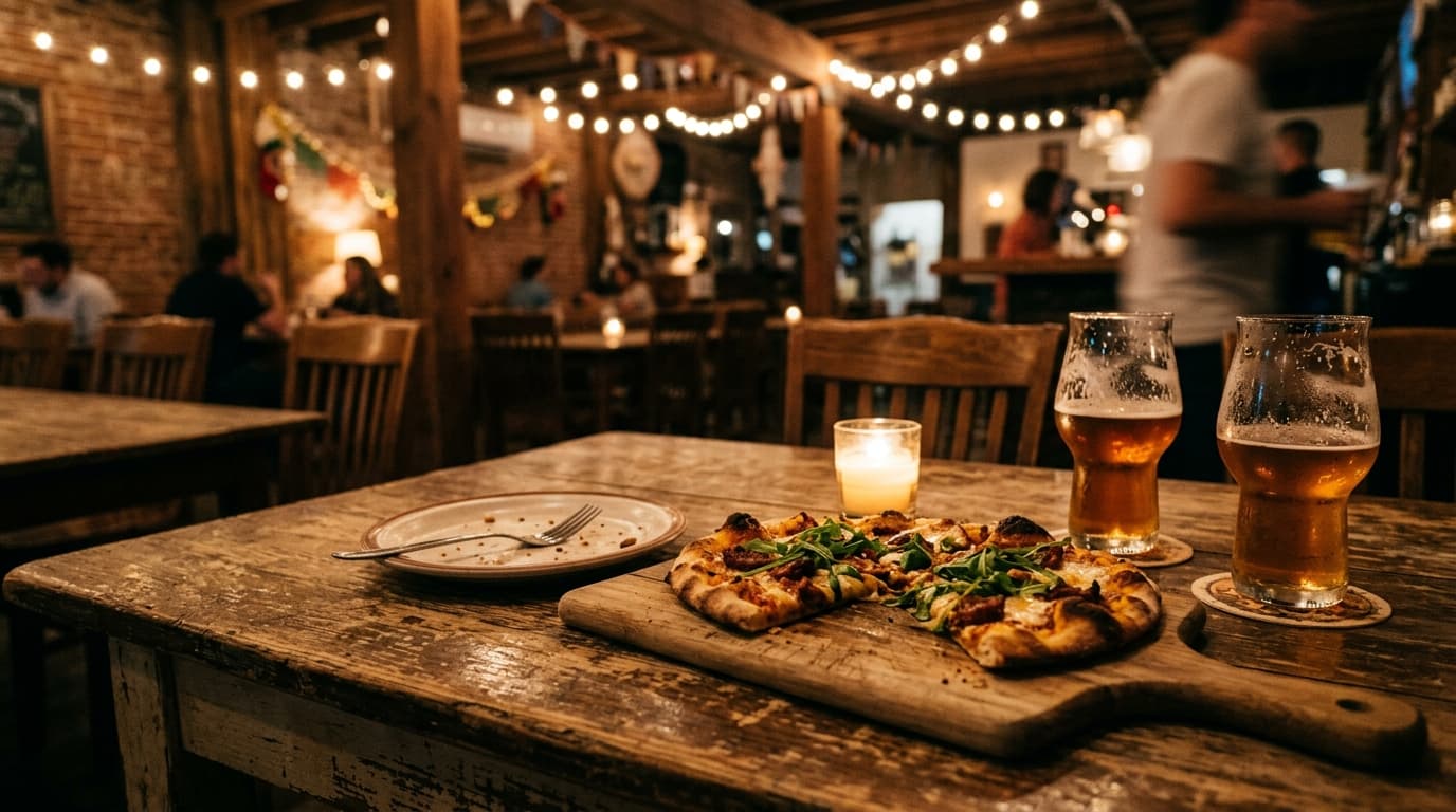 Medium shot, 35mm documentary. A weathered wooden table at a quiet El Paso beer garden under string lights. A half-eaten a...
