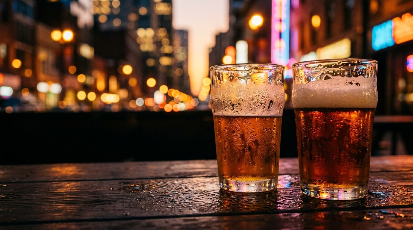 Extreme close-up of two condensation-beaded craft beer glasses resting on a dark outdoor table, golden hour light illumina...