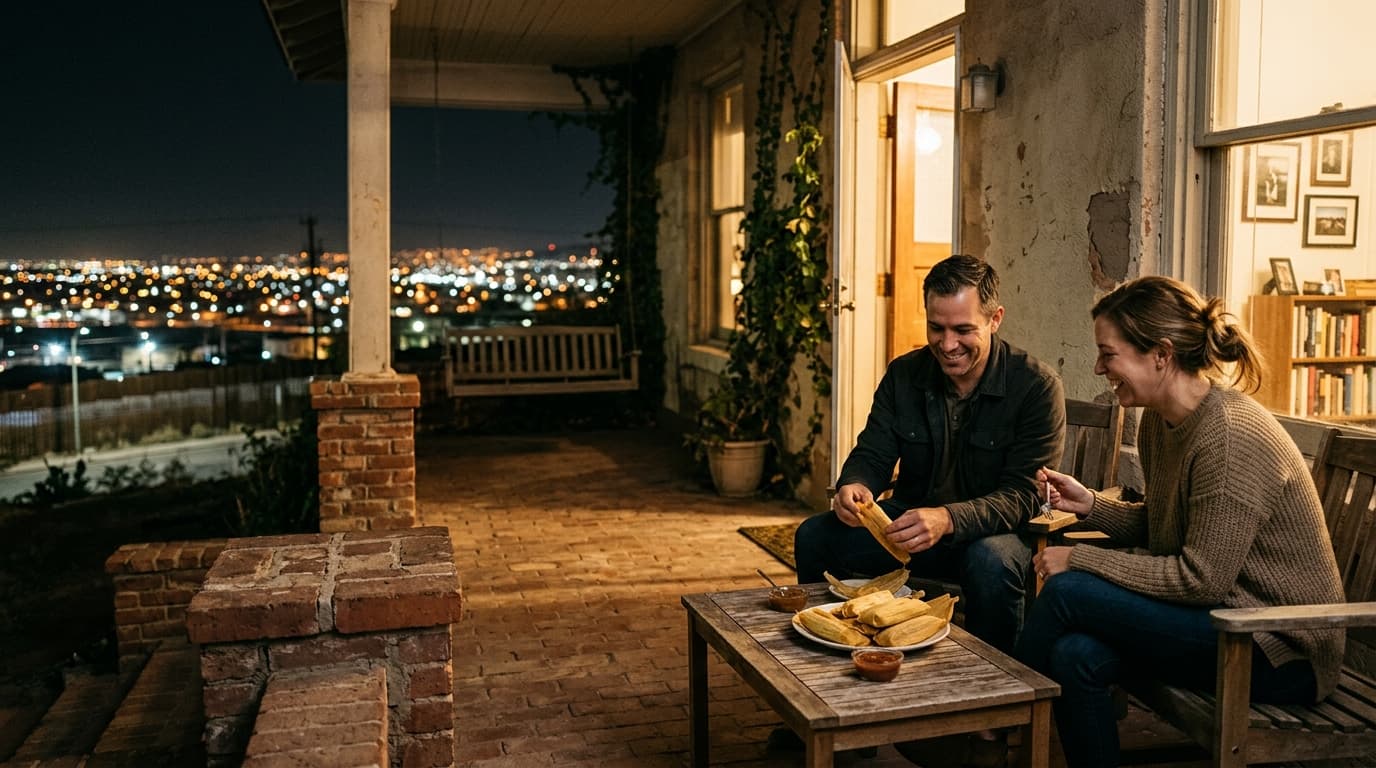 A professional couple sits on a Sunset Heights brick porch at night, illuminated by warm interior light, sharing a plate o...