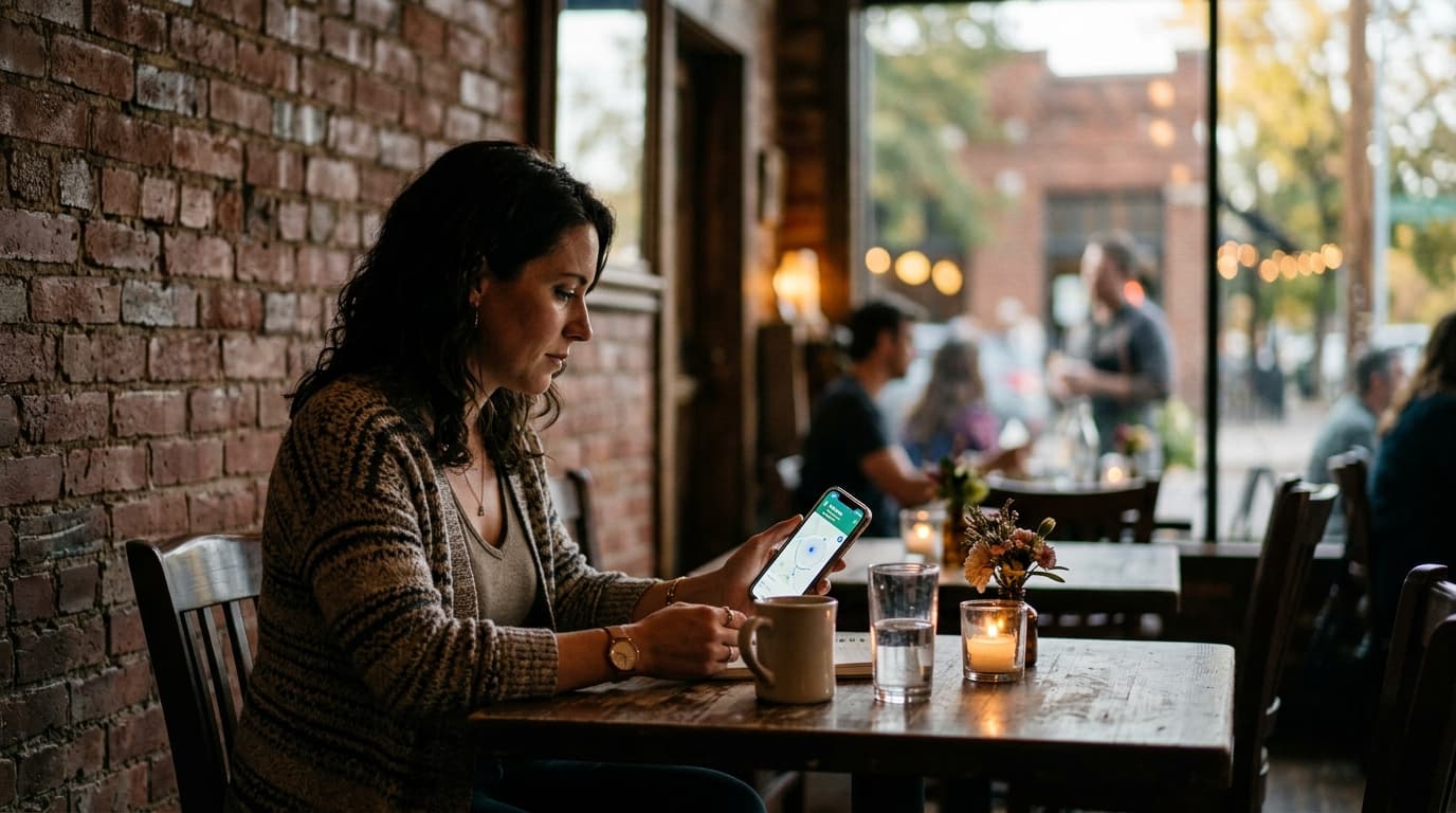 A woman sits at a corner bistro table in a Five Points bungalow, her phone screen showing a live location-share app, illum...