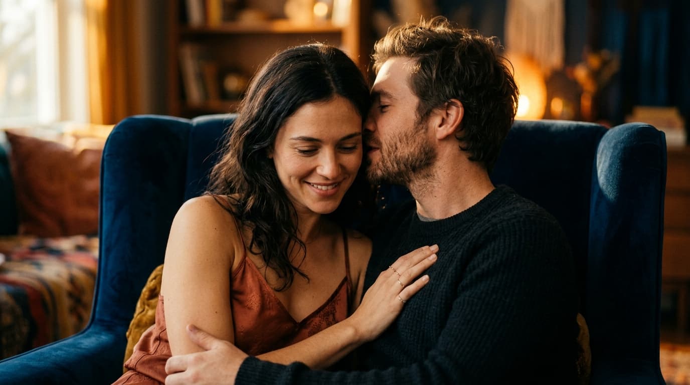 A man and a woman sit closely on a velvet armchair; she wears a silk camisole, gently resting her palm against his chest w...
