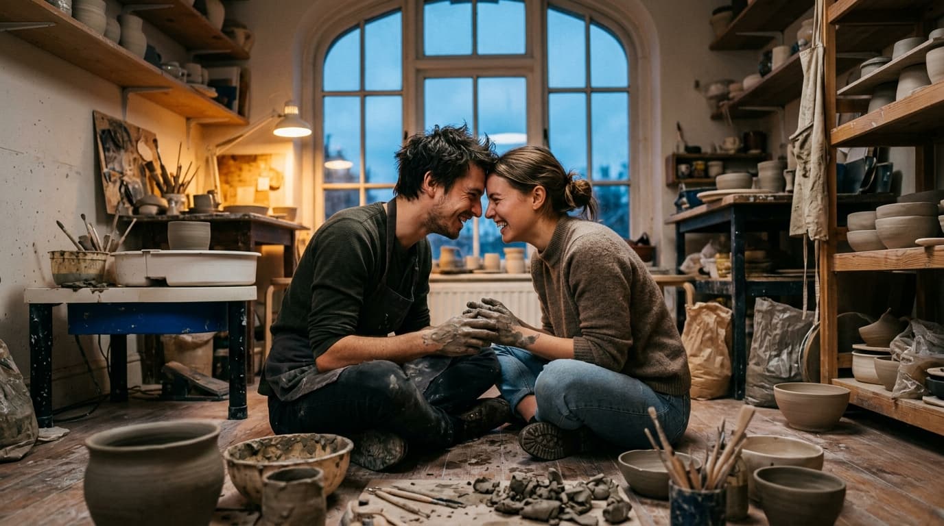 A couple sits on a cluttered floor amidst half-finished pottery projects, foreheads touching, hands covered in wet clay. B...